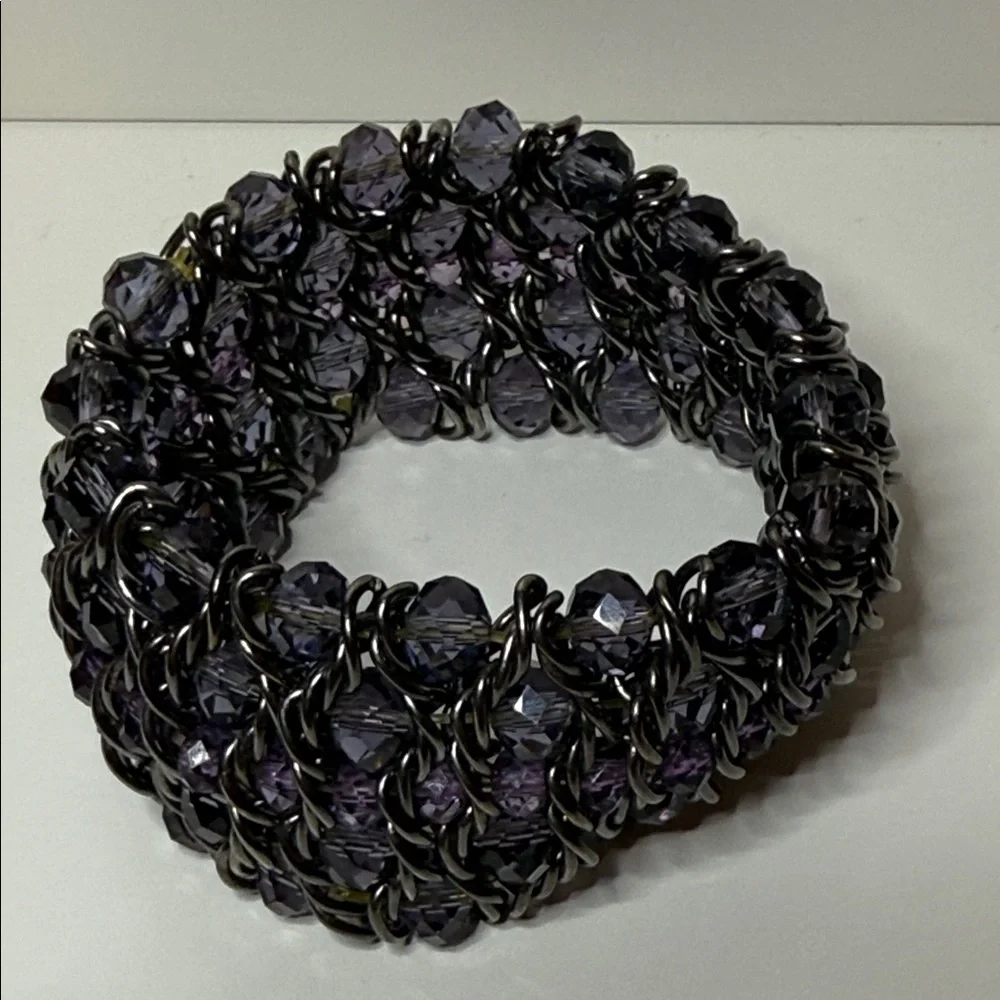 Striking Chunky Purple Black Chain multilayer woven gun metal stretch bracelet